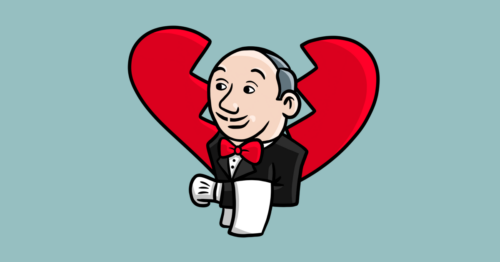Illustration of an adapted Jenkins software butler with a broken heart behind him
